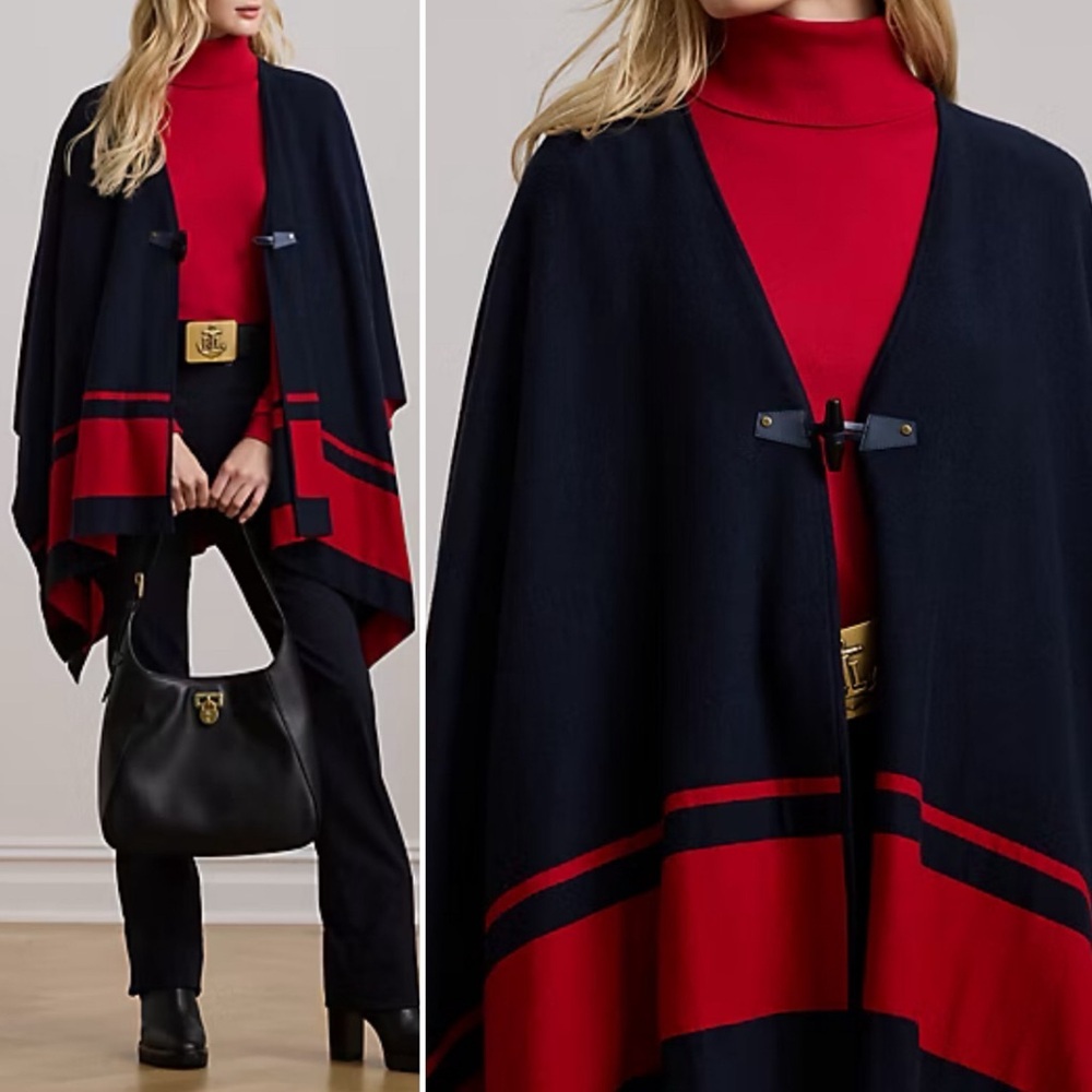 NWT Women Lauren RALPH LAUREN Cozy Boho Chic Knit Navy Red Luxurious poncho L/XL